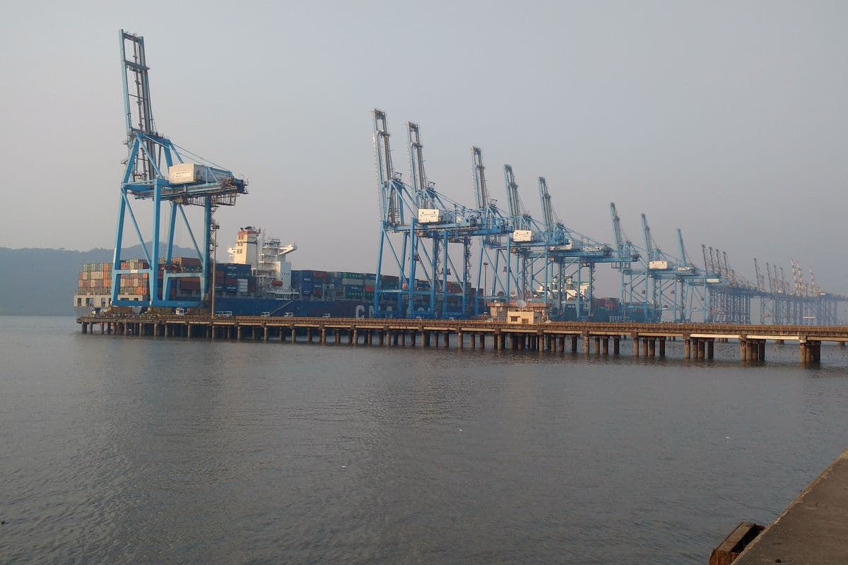 Container cranes and a ship at Jawaharlal Nehru Port, Nhava Sheva